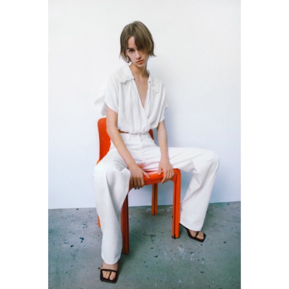 Zara NWT Loose Fitted Cropped Style Embroidered Collar Top XS - Picture 2 of 15